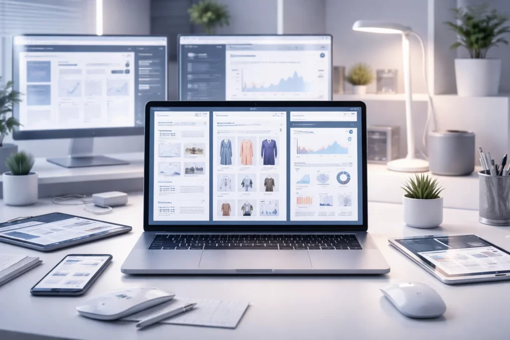 Web Development Services in 2026 concept showing modern workspace with laptop and multiple screens displaying business websites, ecommerce layouts, and analytics dashboards.