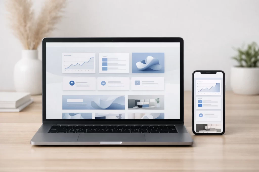 Modern business website displayed on laptop and mobile screens, showcasing responsive UI UX work by a Webflow web design agency