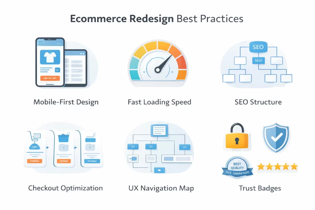 best practices for ecommerce website redesign including UX, mobile-first design, SEO, and checkout optimization