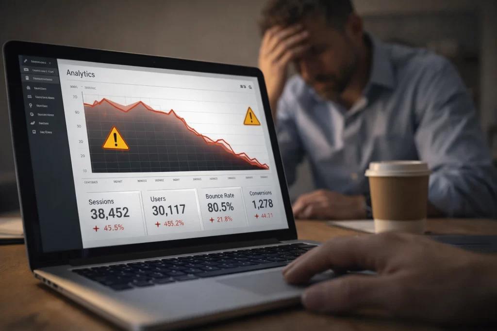 Website traffic graph dropping after redesign on analytics dashboard