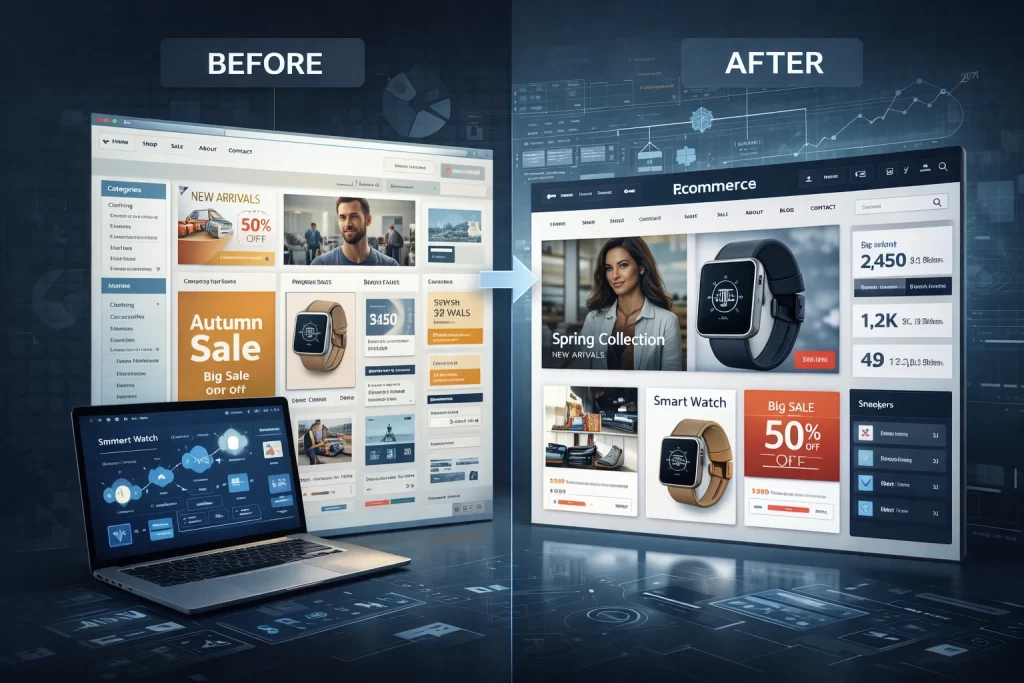 Professional ecommerce web design agency team collaborating on a modern online store dashboard with UI mockups and performance analytics.