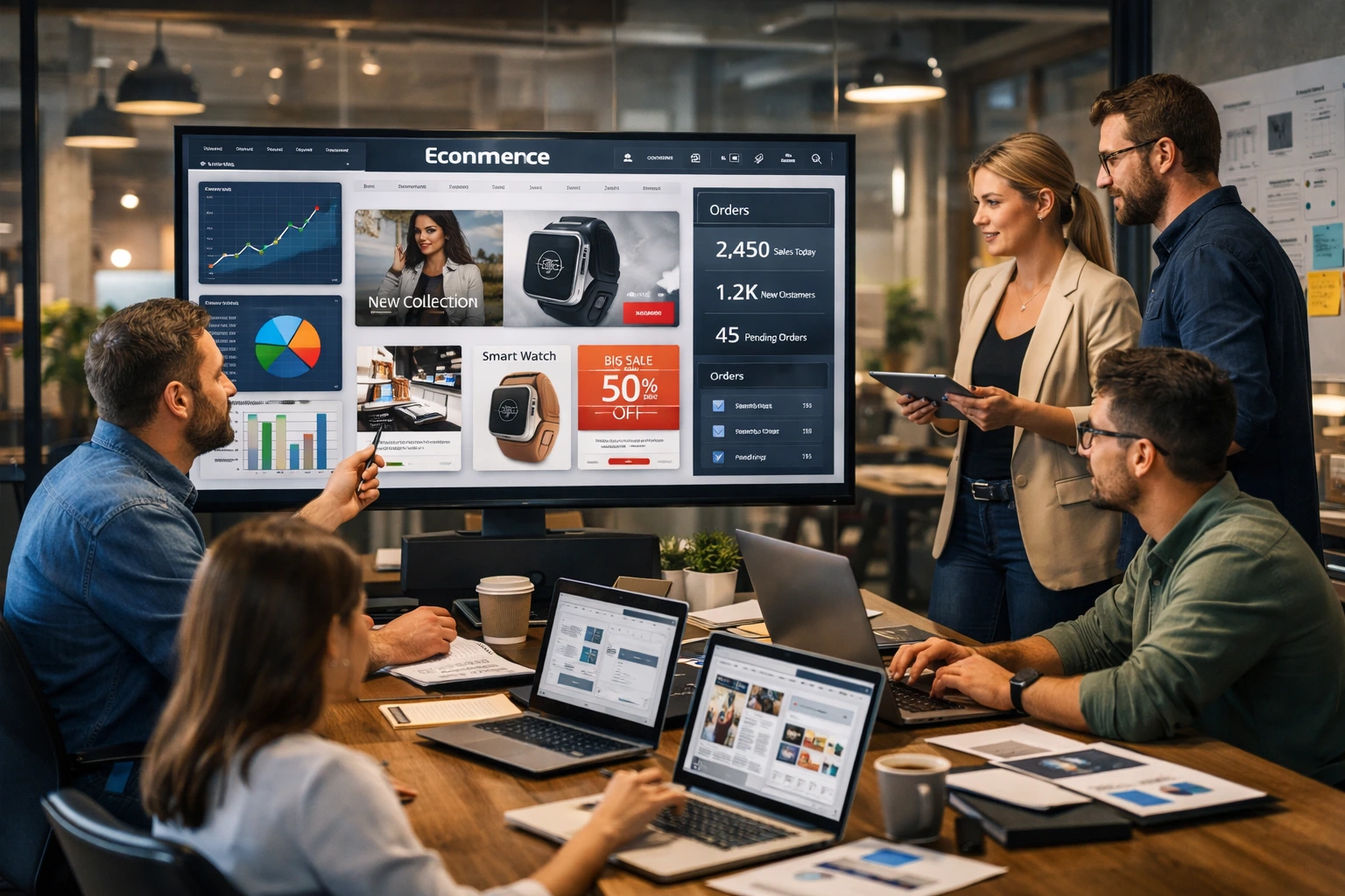 Professional team working on ecommerce website development with modern online store dashboard, UI mockups, and conversion analytics displayed on a large screen.