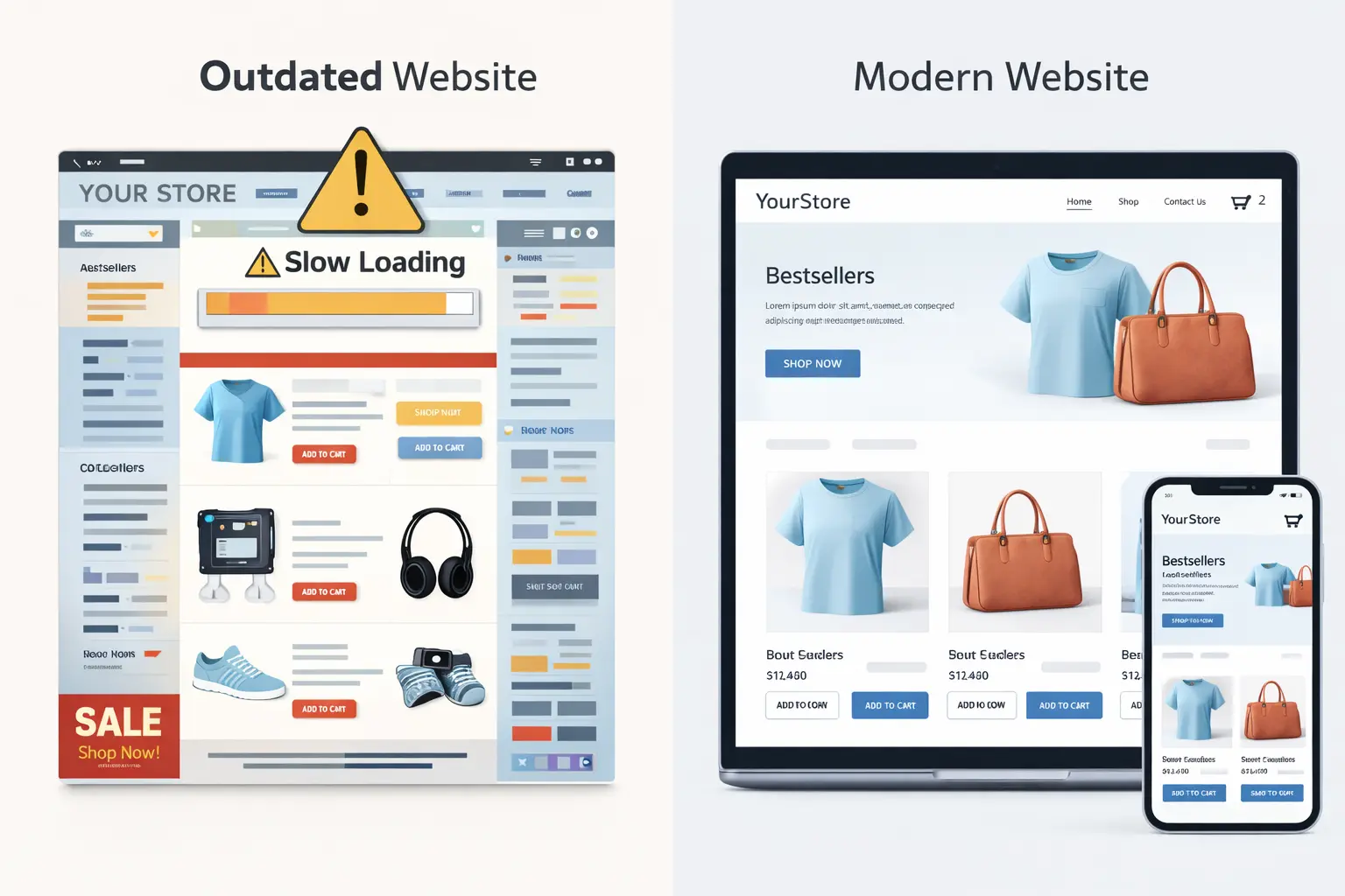 outdated vs modern ecommerce website redesign comparison showing UX improvements