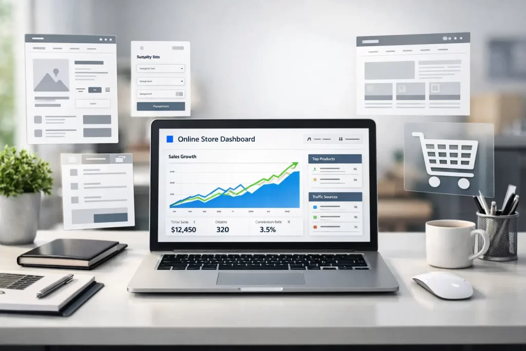 ecommerce website redesign concept showing modern online store interface and growth analytics