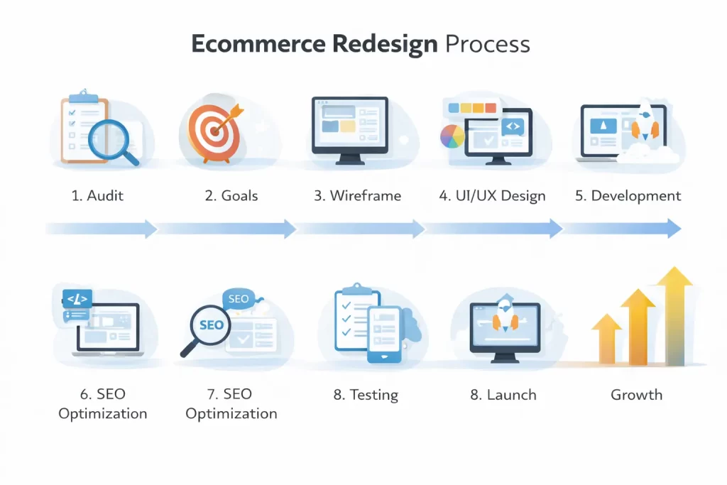 how to redesign ecommerce website step-by-step process from audit to launch