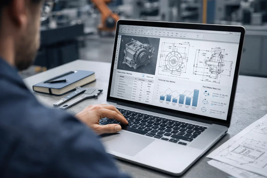 Industrial design website features showing CAD files, technical drawings and engineering tools