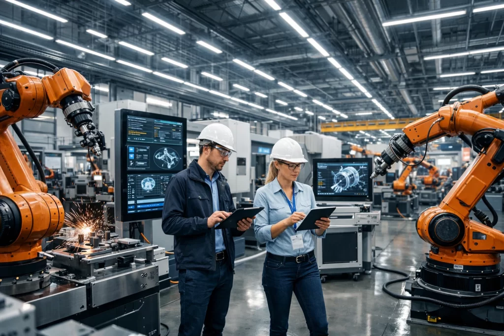 Industrial website development concept showing smart factory and digital transformation in 2026