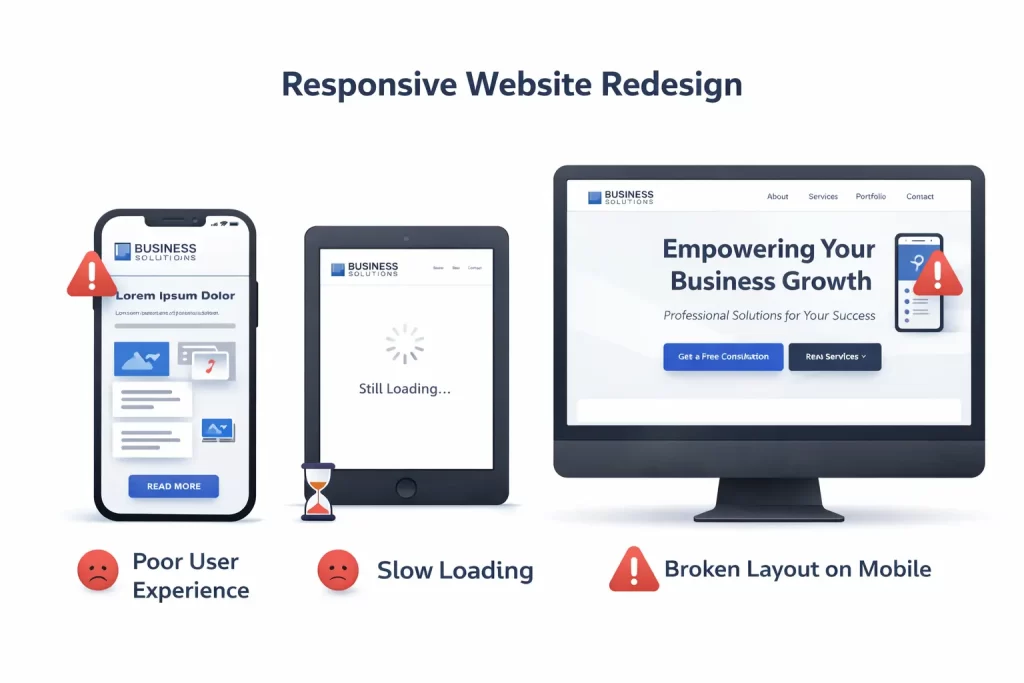 Mobile friendly website redesign showing performance and usability issues on different devices
