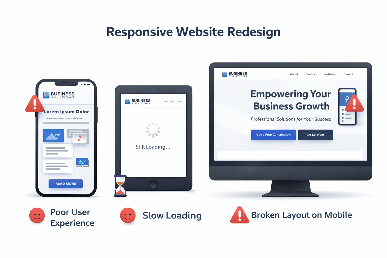 Mobile friendly website redesign showing performance and usability issues on different devices