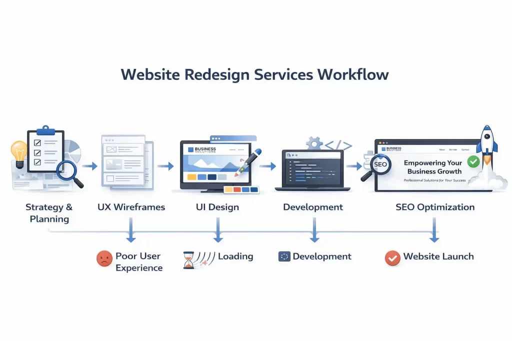 Professional website redesign services process including strategy, UX design, development, and SEO optimization