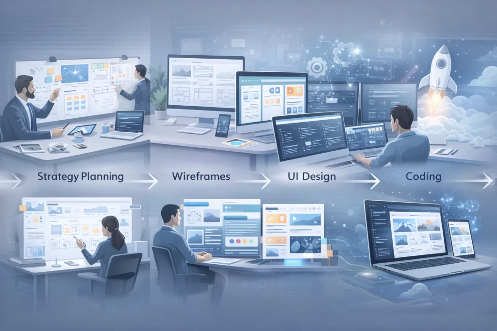 Web design and development process showing strategy planning, wireframes, UI design, coding, and website launch workflow in a professional agency environment.