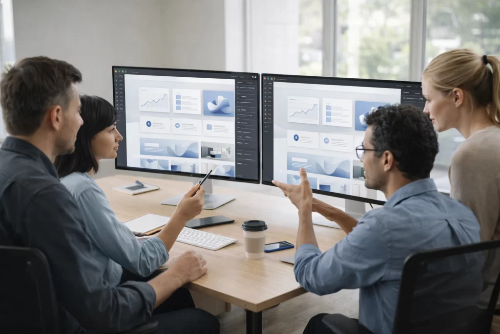 Design team collaborating on layouts and dashboards in a modern office, showcasing professional webflow website development services