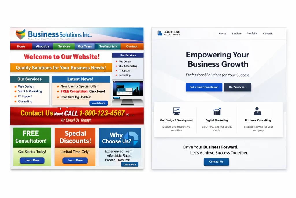 Website redesign comparison showing an outdated business website versus a modern professional website design