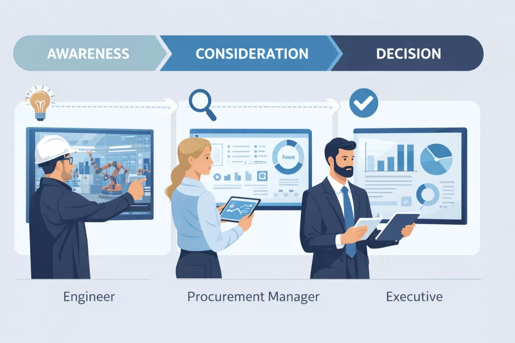 Buyer journey for websites for industry showing awareness, consideration and decision stages