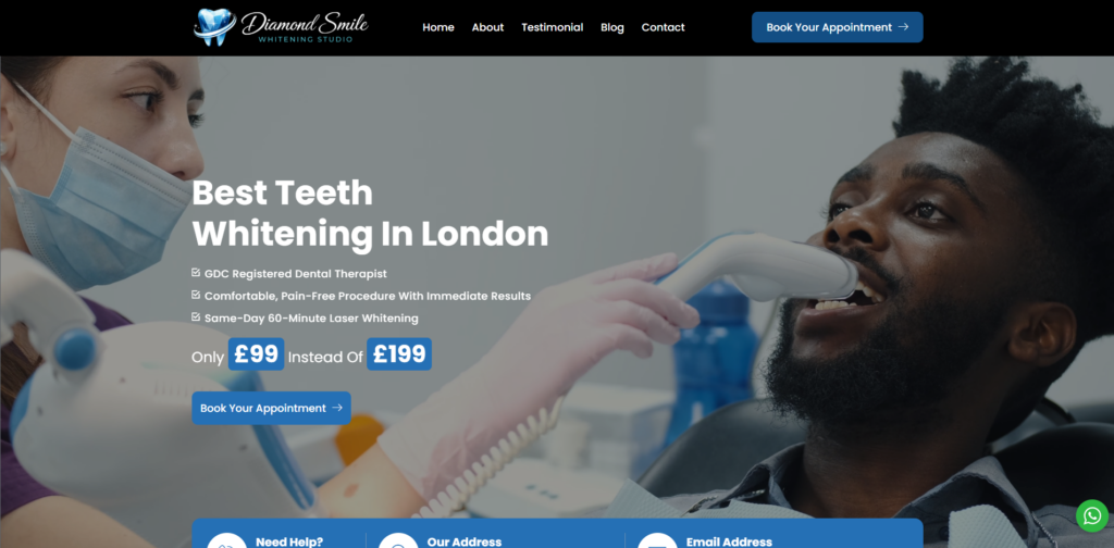 Patient receiving professional teeth whitening treatment at a modern dental clinic with clear booking focused website design