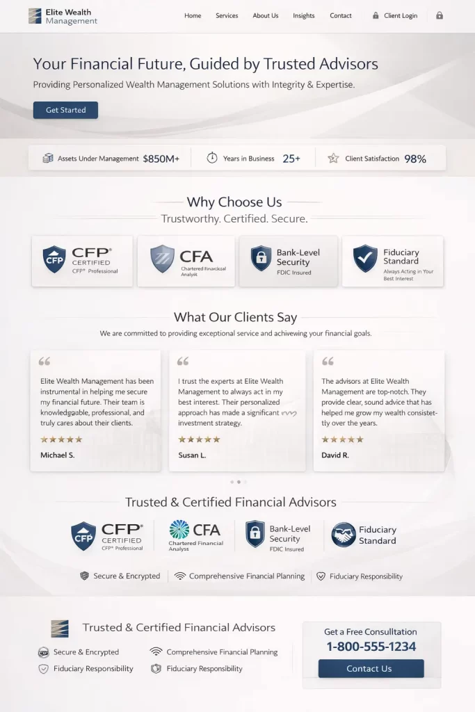 Best financial services website design with trust signals and certification badges.