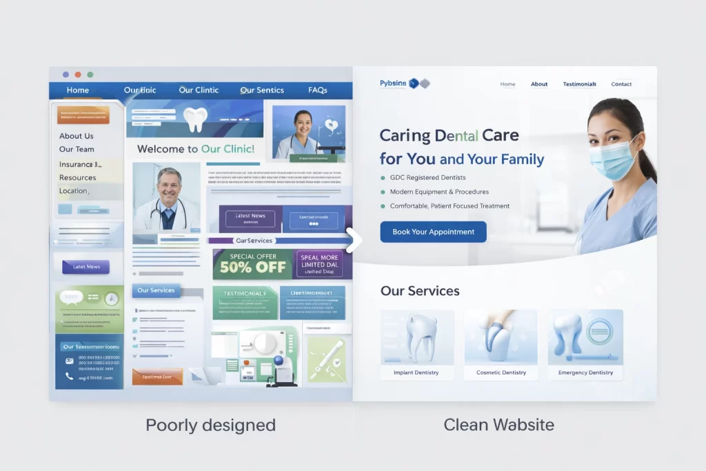 Comparison of poorly designed dental website versus clean patient focused dental website design with clear navigation and booking options