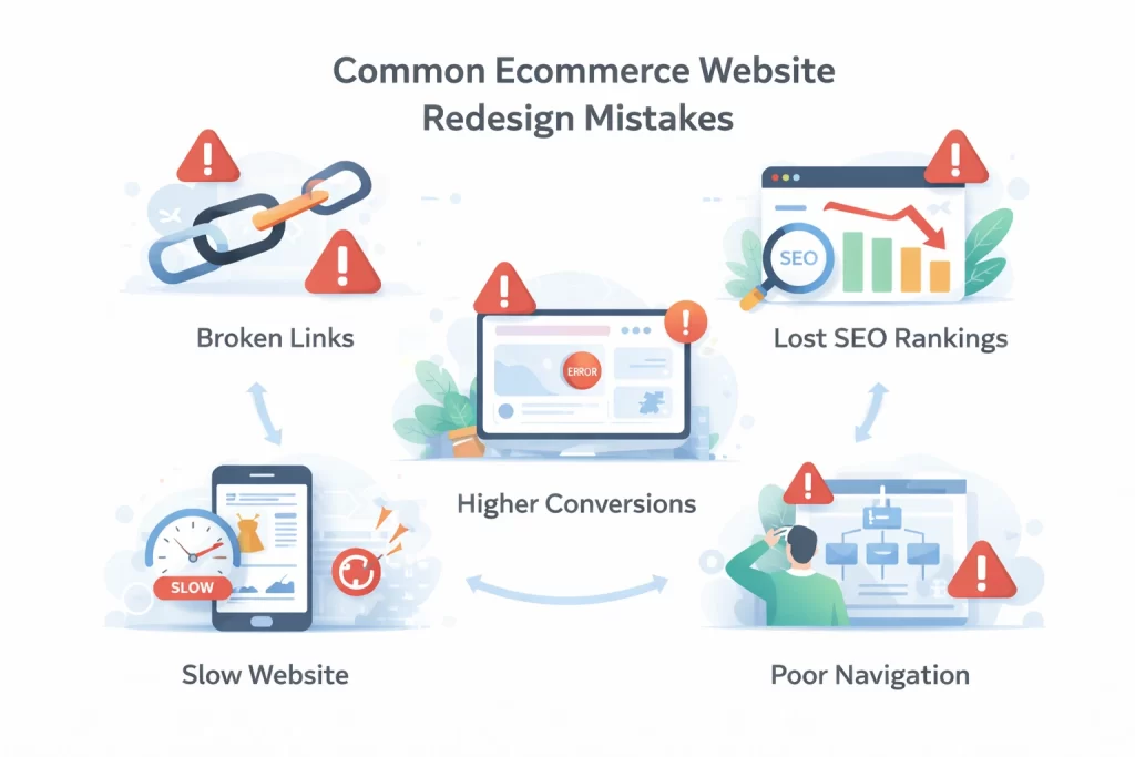 Infographic showing common ecommerce website redesign mistakes like SEO loss, slow speed, broken links and checkout issues