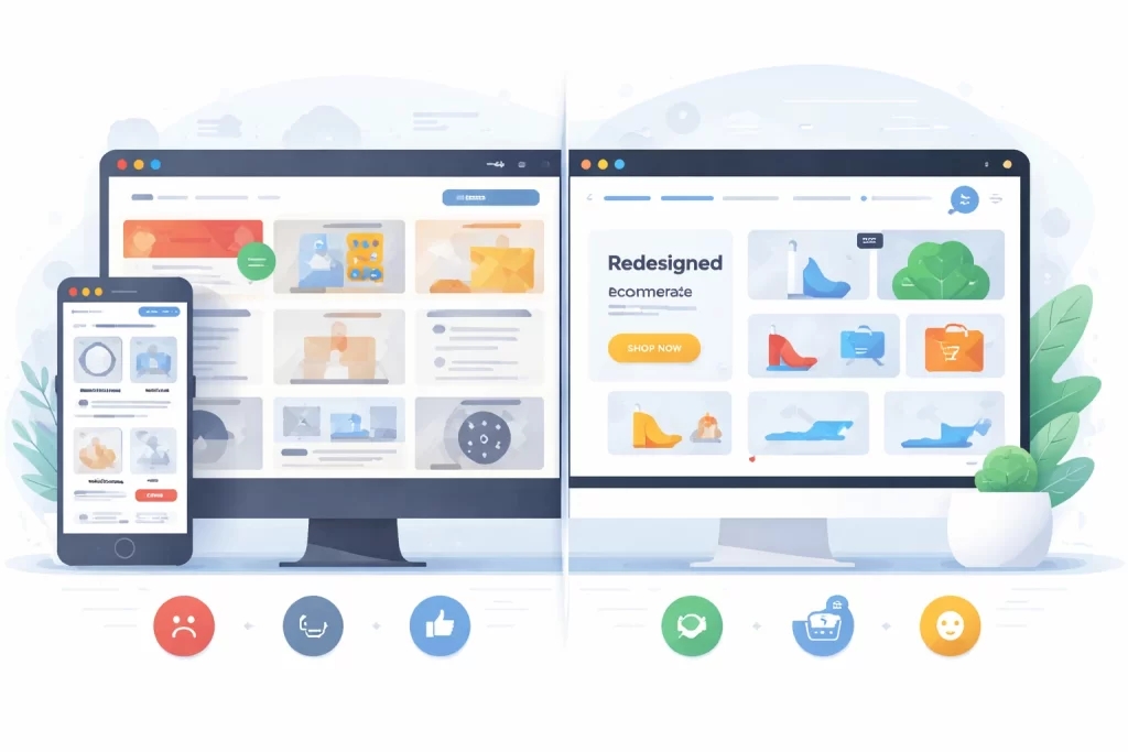 Ecommerce website redesign showing outdated store on the left and modern high converting ecommerce design on the right