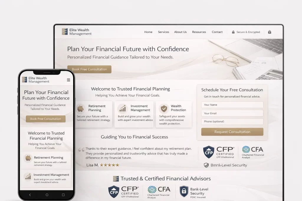 Financial planner web design example with booking and client-focused layout.