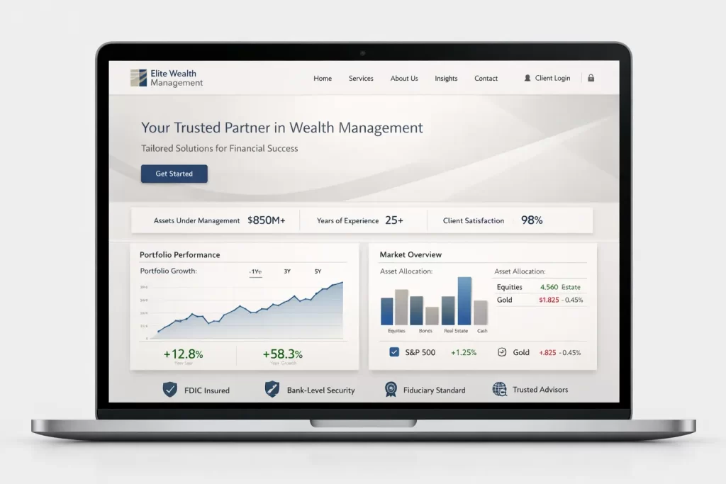 Financial services website design hero banner showing a modern advisor website interface.
