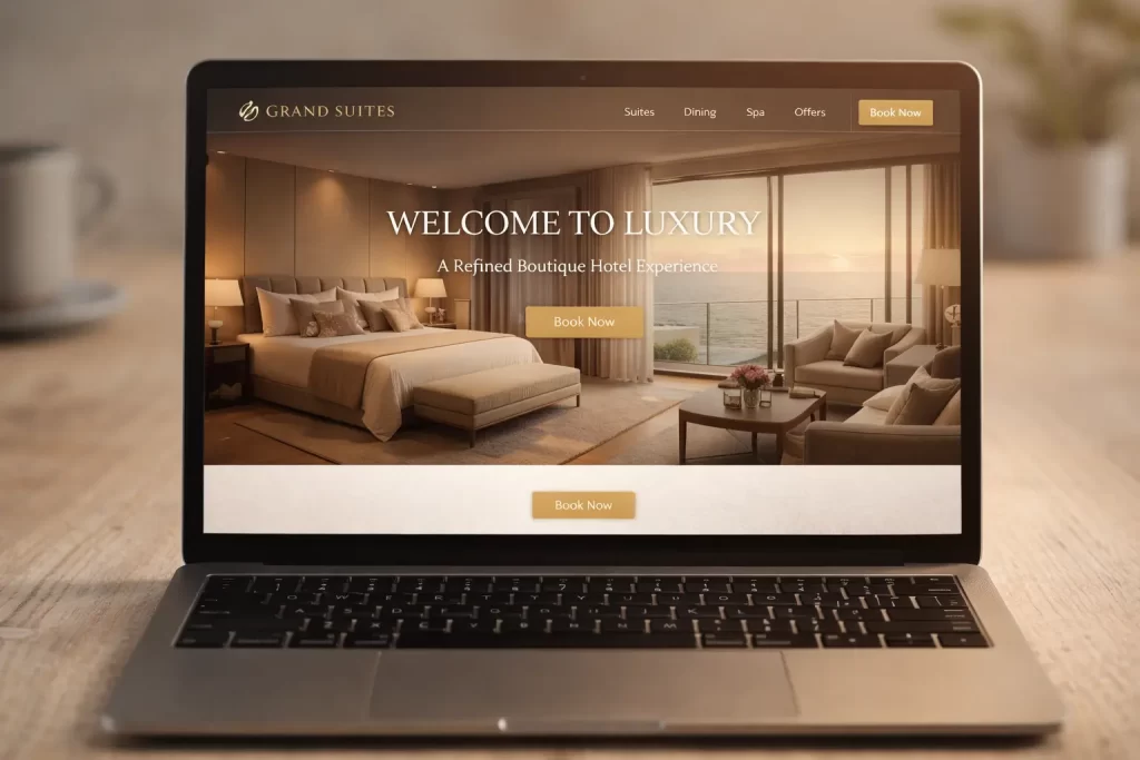 Boutique and luxury hotel website design with premium visuals and elegant branding layout