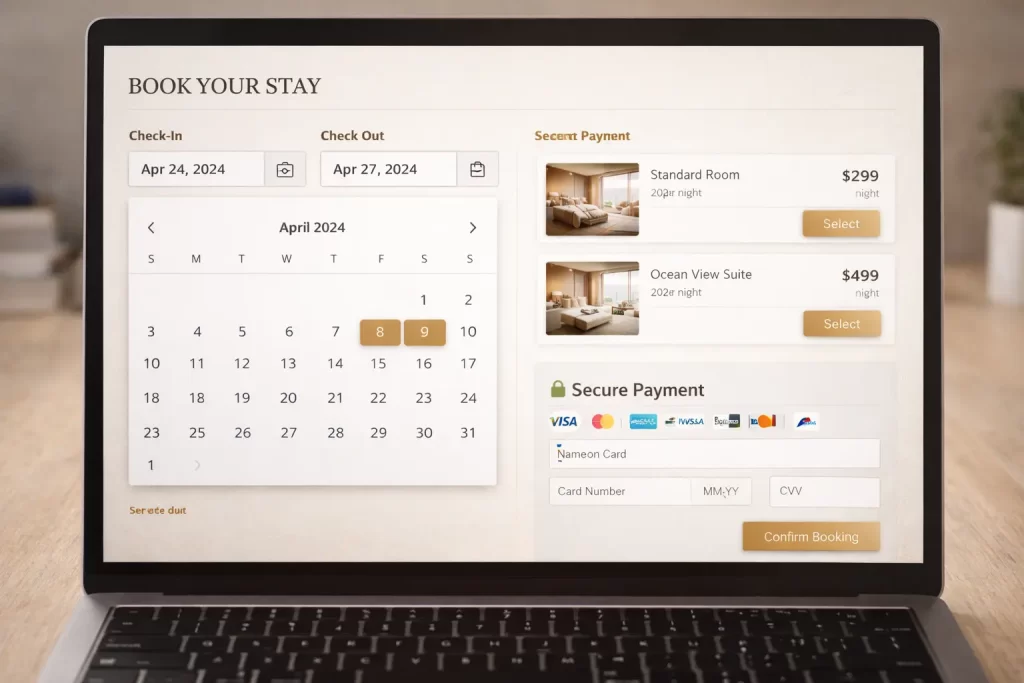 Hotel website booking engine design with secure payment integration and mobile-optimized layout