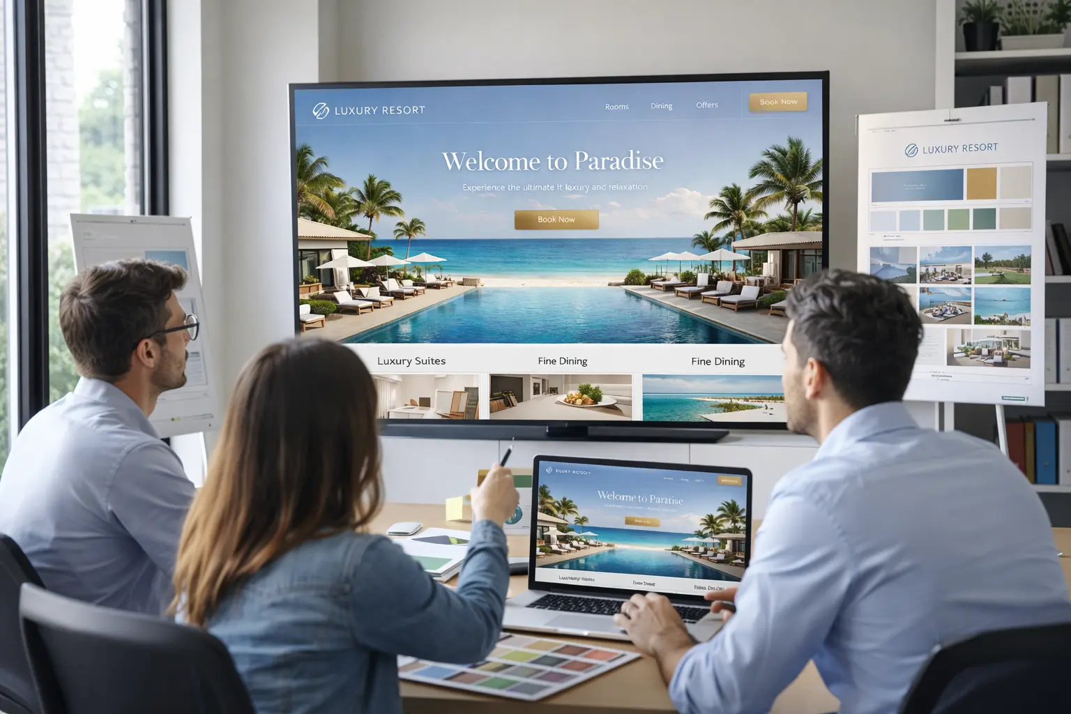 Hotel website design company team creating modern website layouts for hospitality brands