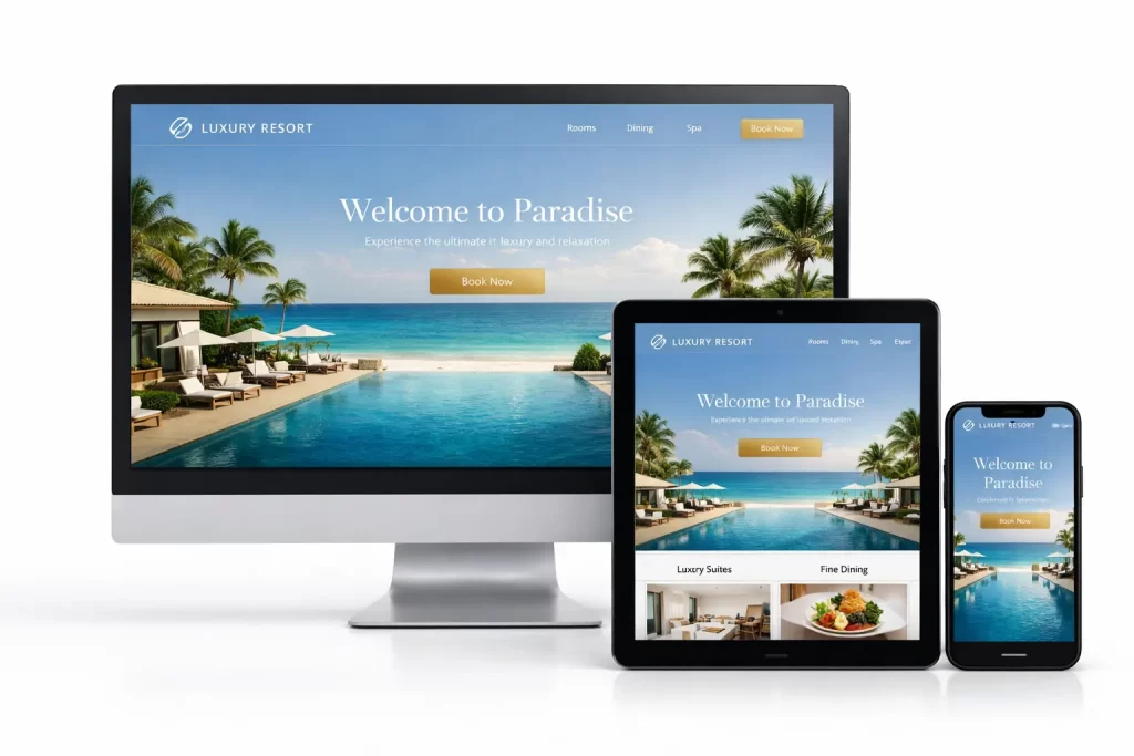 Modern Hotel Website Design displayed across desktop, tablet and mobile with integrated booking system