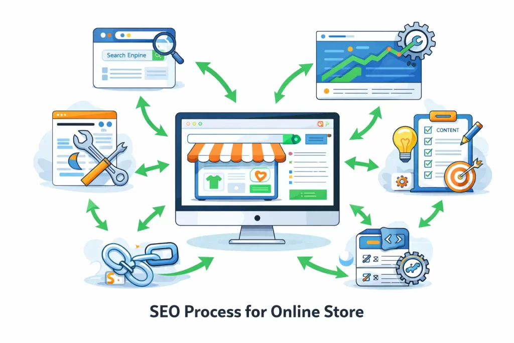 SEO services for Shopify showing technical SEO, on-page and off-page optimization process