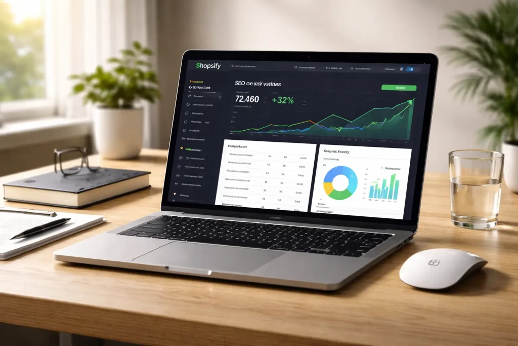 Shopify SEO services dashboard showing traffic growth and keyword rankings