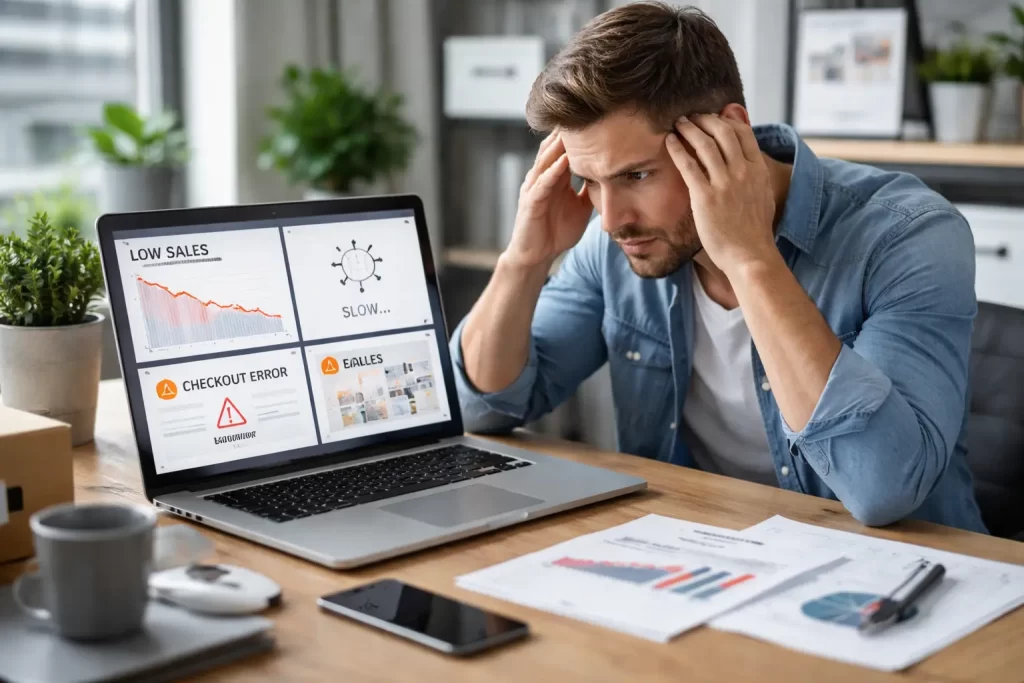 Shopify store issues like low conversions, slow speed, and poor design