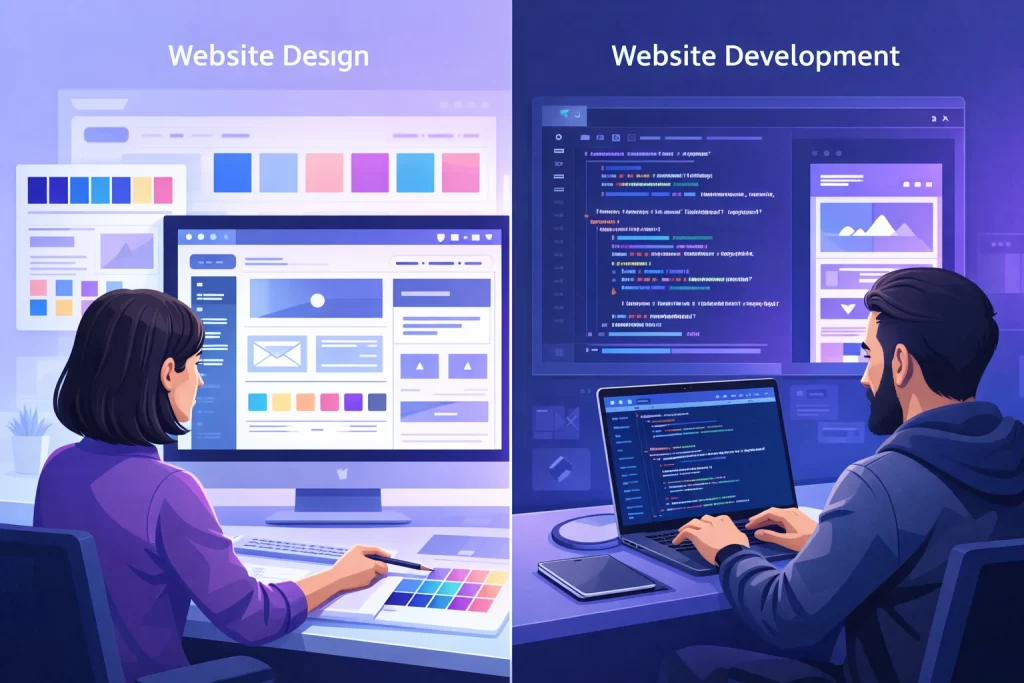 Website design vs website development comparison concept