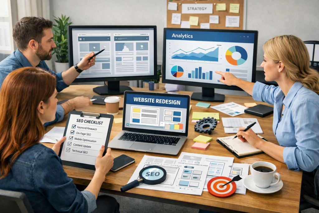 team planning website redesign strategy with SEO and UX improvements