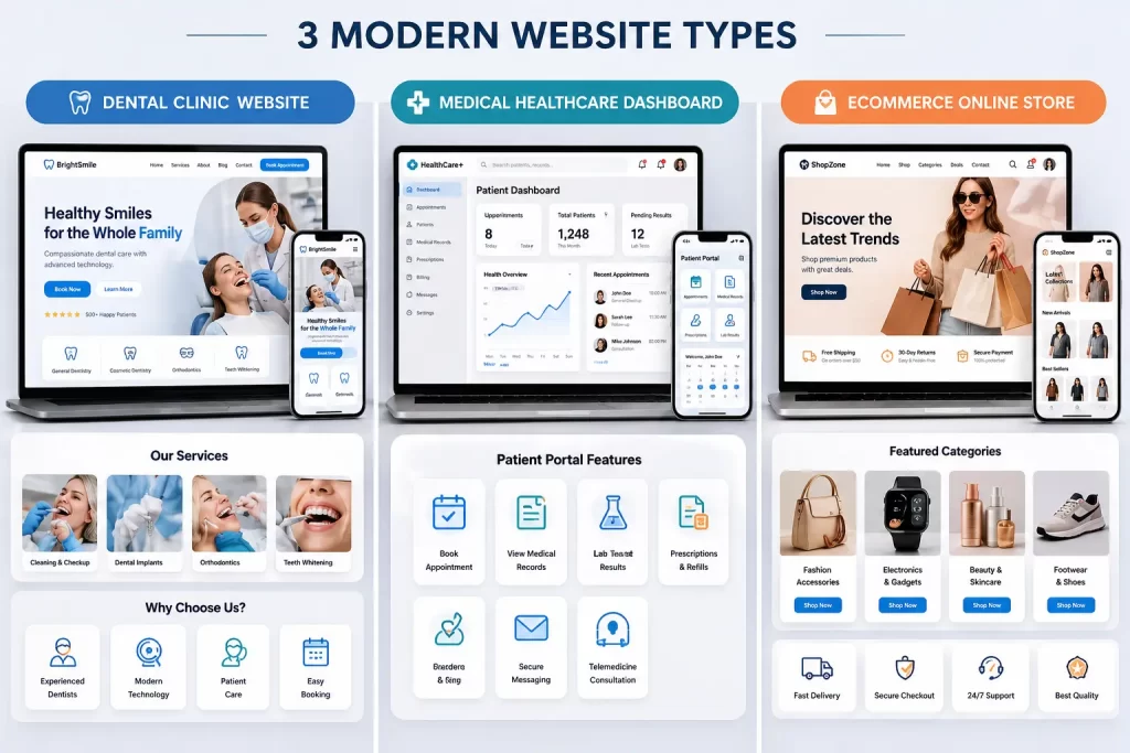 Dental medical and ecommerce website redesign examples with modern features