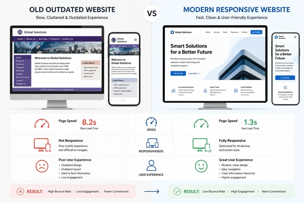 Before and after website redesign showing improved speed and user experience