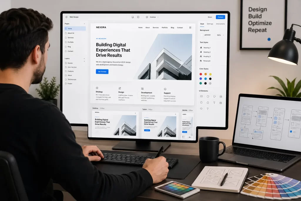 Website redesign process with modern UI UX design on desktop screen