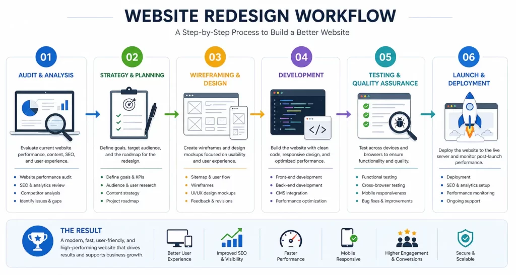 Website redesign process steps from audit to launch workflow infographic