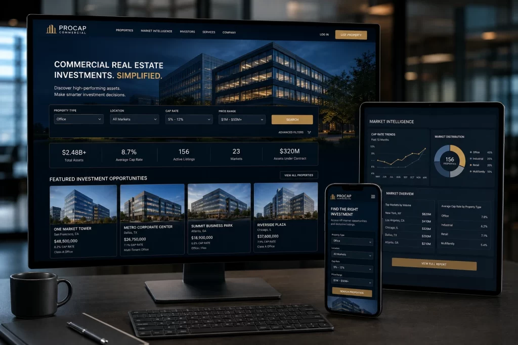 Commercial real estate website design featuring office property listings, investment dashboards, and advanced search filters.