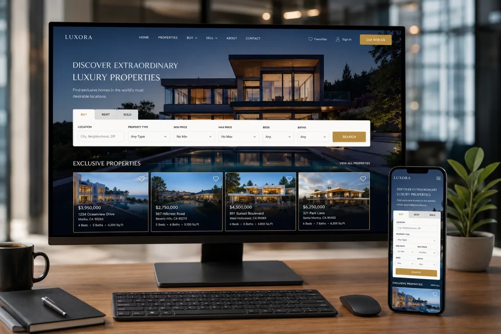 Modern real estate website design displayed on desktop and mobile devices with luxury property listings and advanced property search filters.