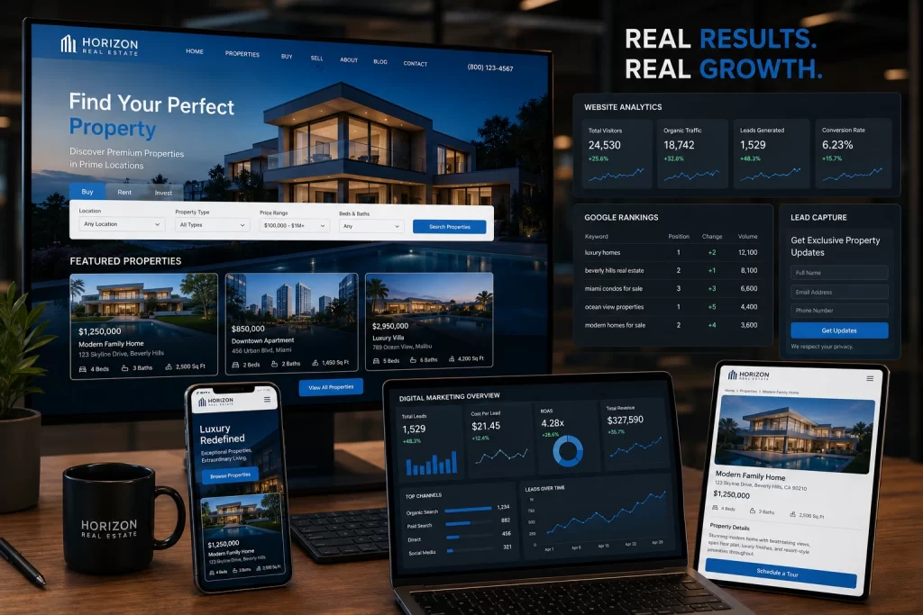 SEO optimized real estate website with lead generation forms, analytics dashboard, and mobile responsive property pages.