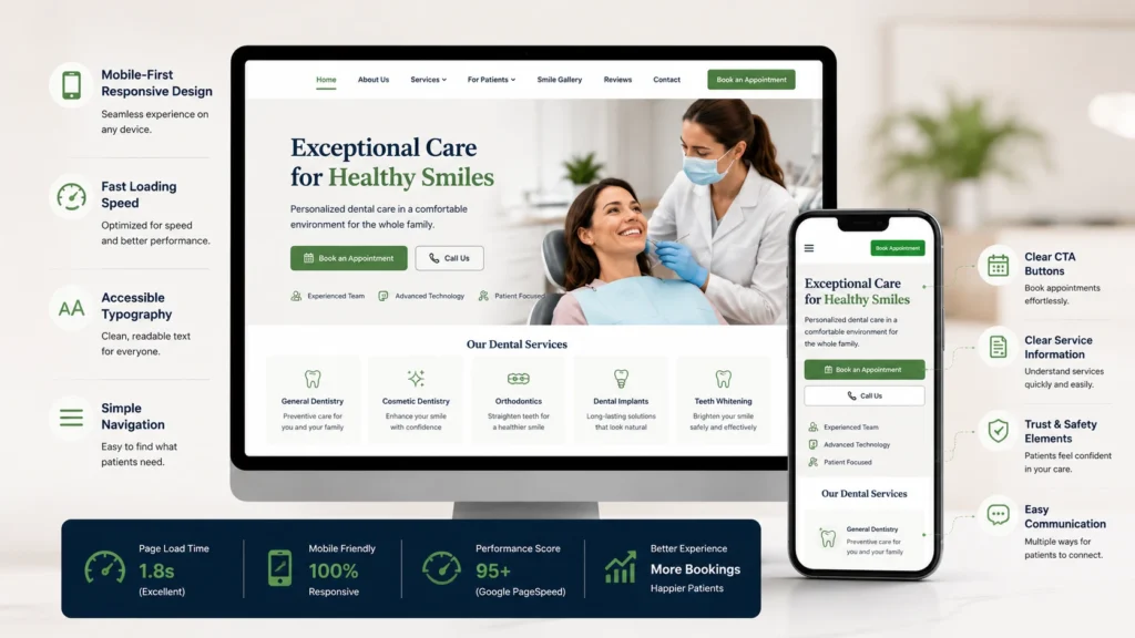 Mobile-friendly dental website design with fast performance, simple navigation, and appointment booking