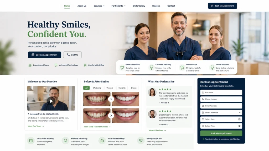 Dental website design ideas featuring team photos, smile galleries, patient reviews, and online booking