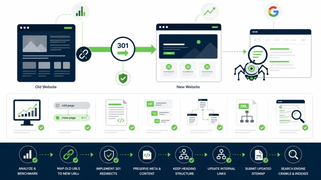 SEO website redesign checklist with 301 redirects, metadata preservation, internal links, and XML sitemap updates